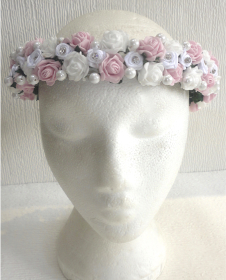 Pink & White Rose, Pearl & Diamante Circlet
